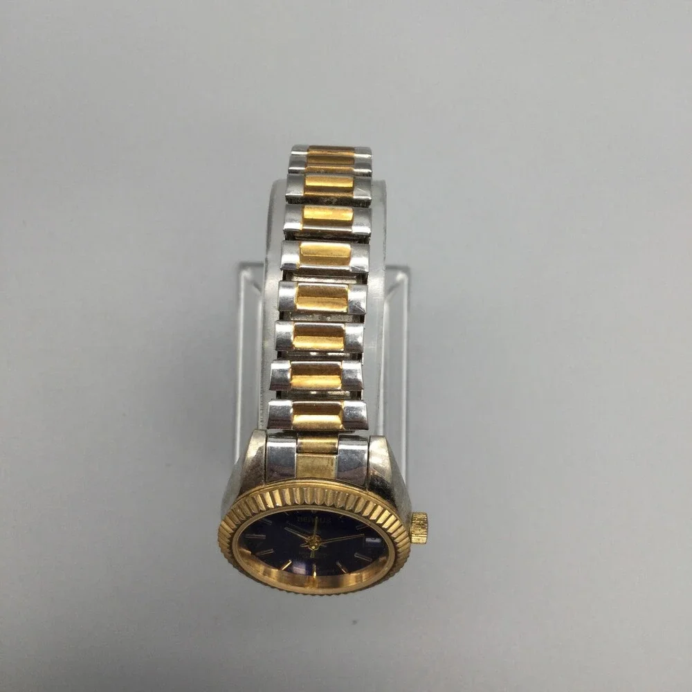 Benrus Womens Watch 24mm Blue Dial Two Tone Diamond Date Stretch New Battery